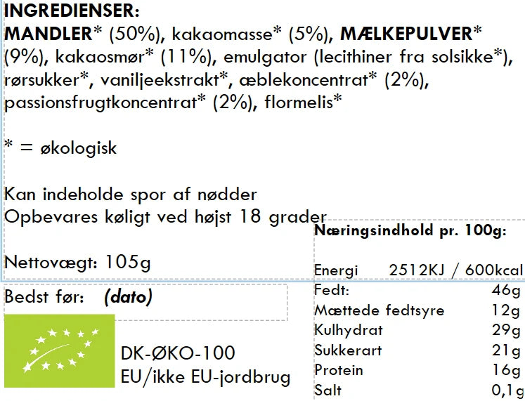 Mandler med Passionsfrugt & Mælkechokolade – 105 g – Anker Chokolade