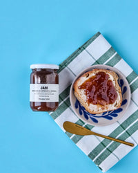 Jam,  rabarber, hindbær og vanilje 240 gr.