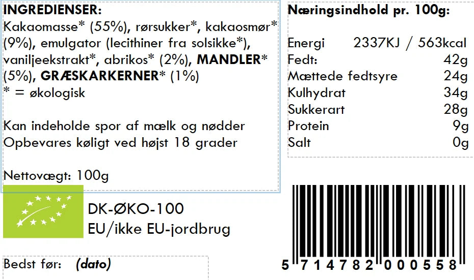 Ecuador 70% Mørk Chokolade med Abrikos, Mandler & Græskarkerner – 100 g – Anker Chokolade