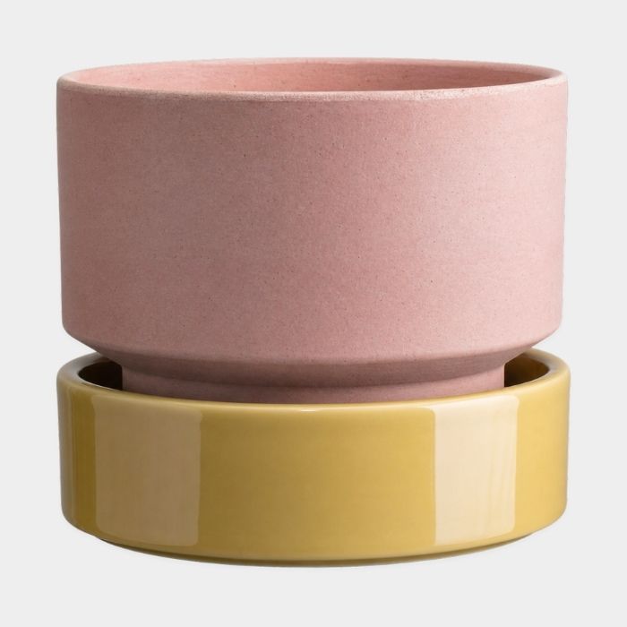Hoff krukke Ø30 rosa + gul glaseret underskål Ø30 - Bergs Potter