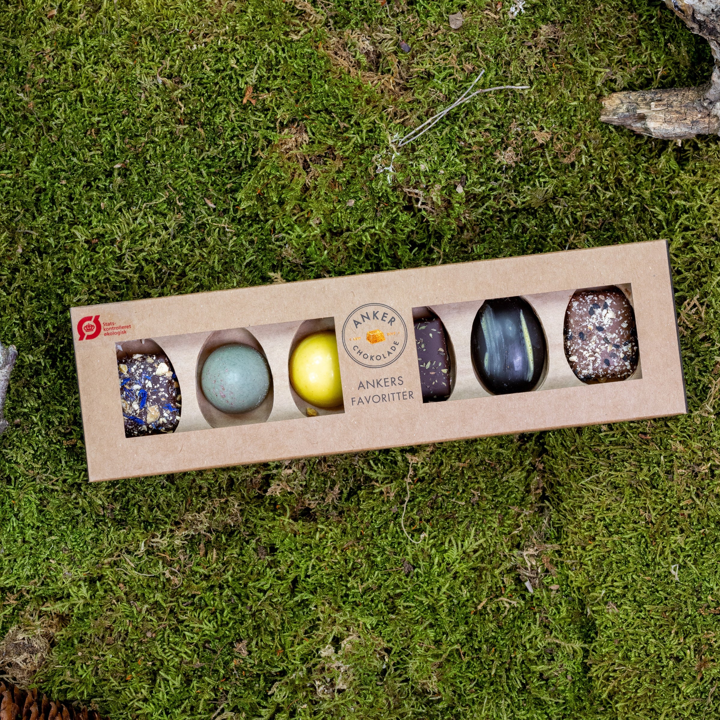 Økologisk chokoladeæske med 6 favoritter - Anker Chokolade